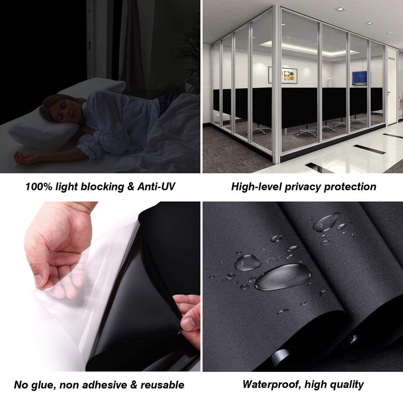 WochiTV Total Blackout Window Film 100% Light Blocking Non Adhesive No Residue Removable Opaque Static Cling Privacy Glass Tint for Home Bedroom Darkening Heat Control (23.6 in x 13.1 Ft) - Image 2